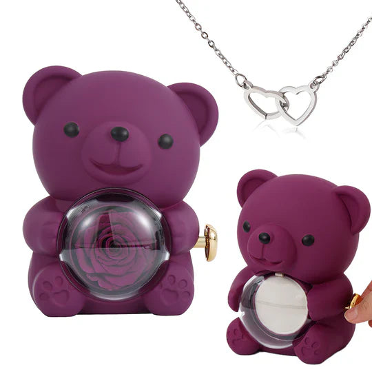 Engraved Heart Necklace - With Real Rose Bear Giftbox